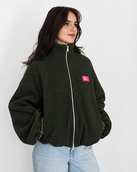 Teddy Fleece Jacket with Balloon Sleeves in Dark Green