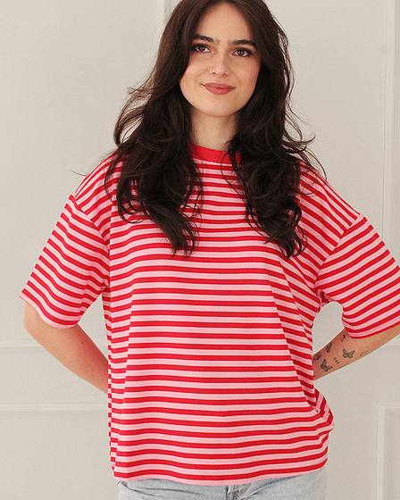 Red & Pink Striped Oversized T-Shirt