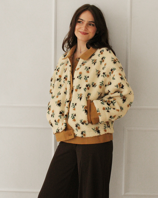 Teddy jacket with floral pattern and contrasting collar