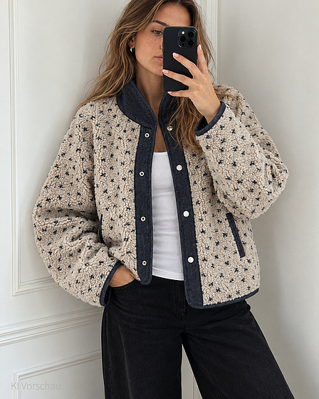 Teddy Sherpa Jacket — Beige with Dots