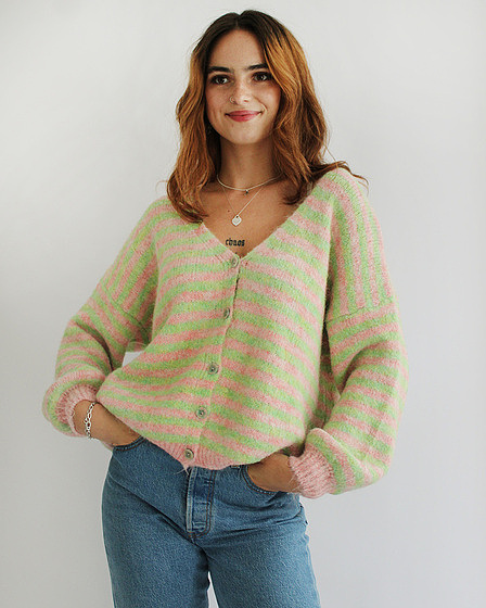 Rosa-grün gestreifte Strickjacke für Damen