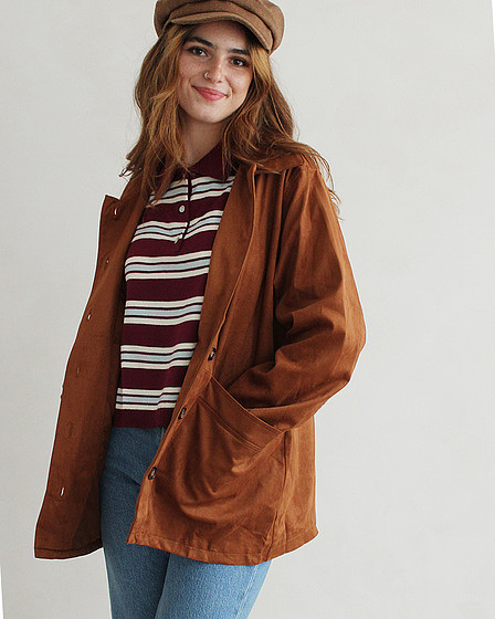 Trendy brown oversized vegan suede jacket