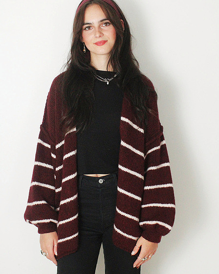 Oversized burgundy / white Striped Cardigan