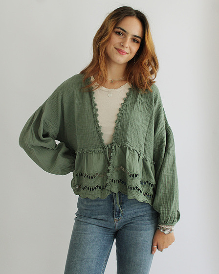 Muslin blouse to tie in graugrün for women