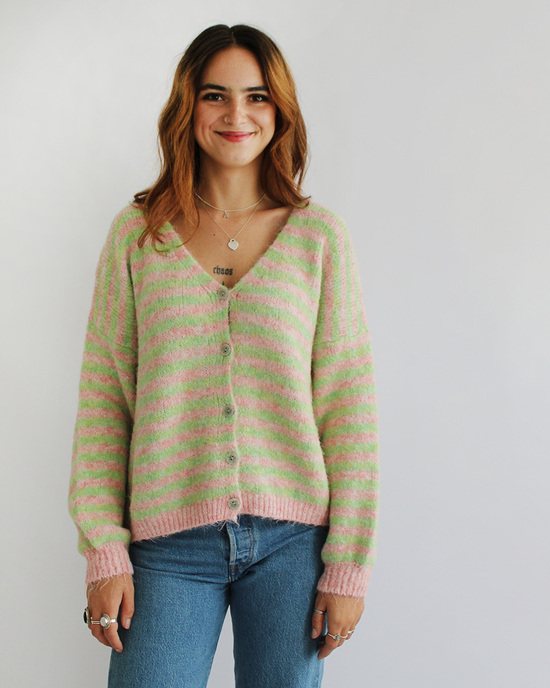 Rosa-grün gestreifte Strickjacke für Damen