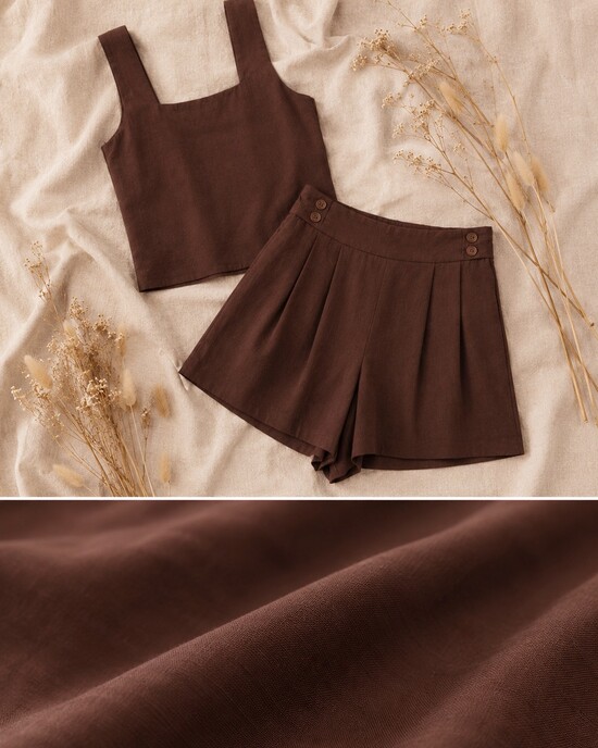 Linen Set with top and shorts in dark brown