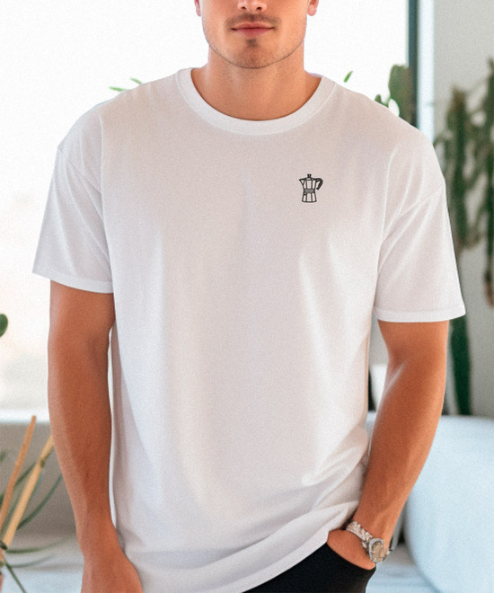 Besticktes Shirt mit schwarzer Espresso-Kanne für Herren