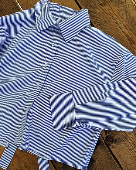 blue and white striped blouse with bow on the back