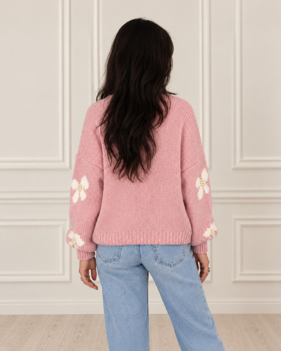 Strickjacke mit Schleifen & Perlen in Rosa