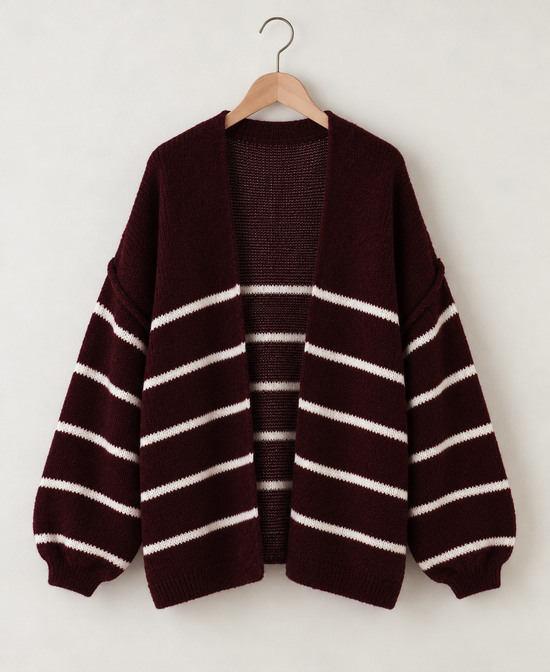 Oversized burgundy / white Striped Cardigan