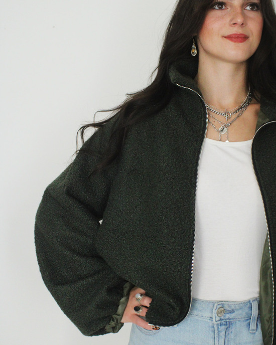 Teddy Fleece Jacket with Balloon Sleeves in Dark Green