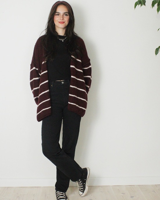 Oversized burgundy / white Striped Cardigan
