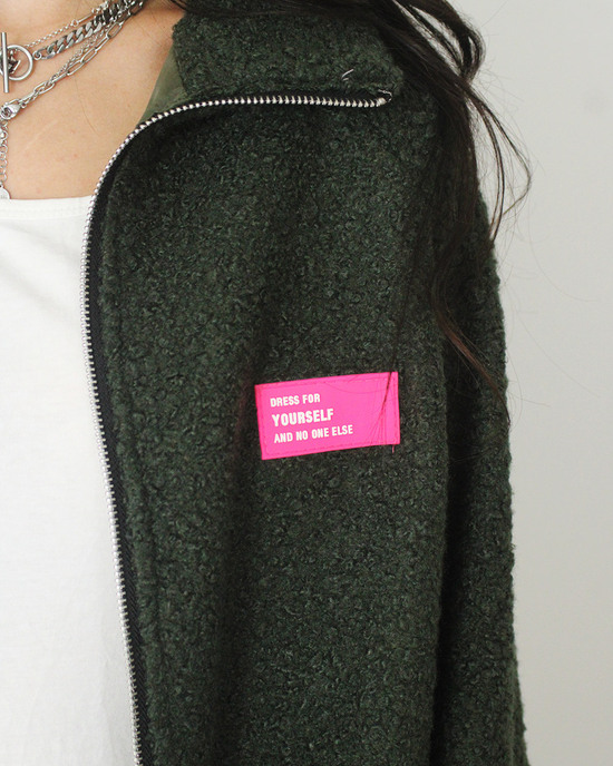 Teddy Fleece Jacket with Balloon Sleeves in Dark Green