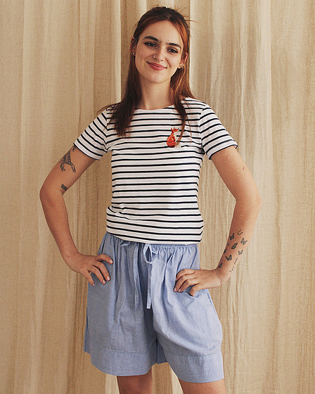 dunkelblau weiß gestreiftes Fuchs Patch T-Shirt für Damen