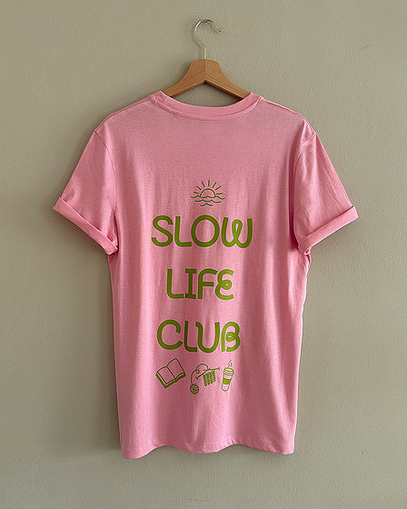 Slow Life Club T-shirt in pink & green