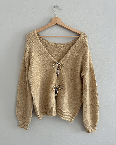 Knitted Sweater with Bow Back – Beige, One Size EU 36–42