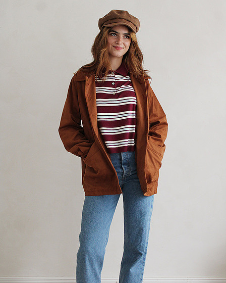 Trendy brown oversized vegan suede jacket