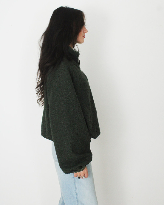 Teddy Fleece Jacket with Balloon Sleeves in Dark Green