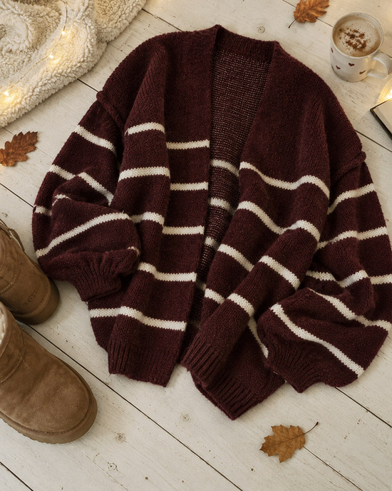Oversized burgundy / white Striped Cardigan