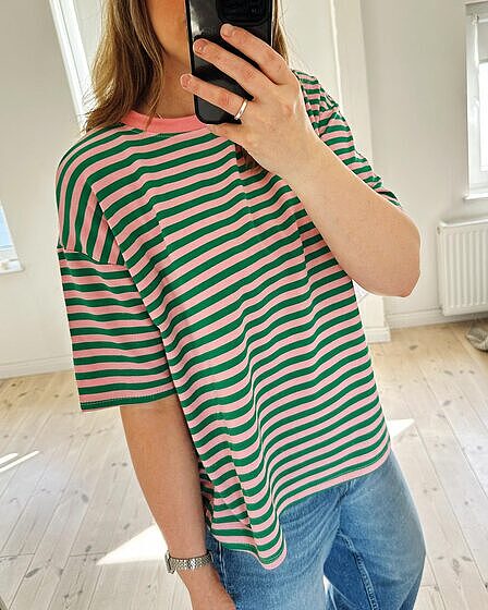 Green & Pink Striped Oversized T-Shirt