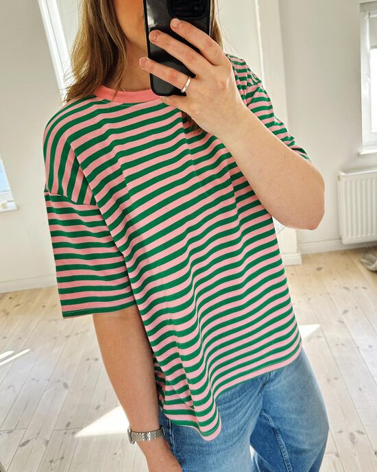 Green & Pink Striped Oversized T-Shirt