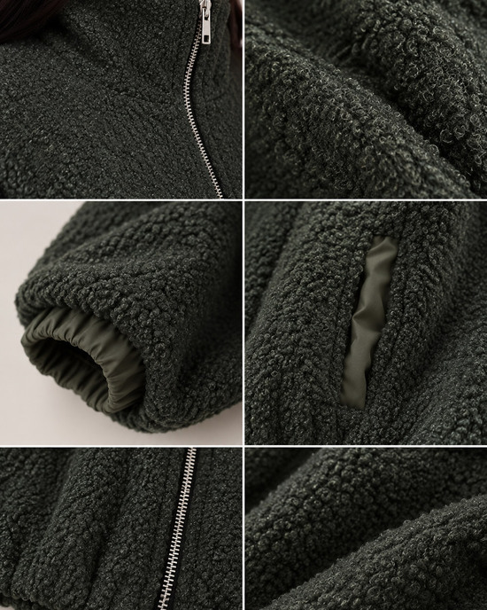 Teddy Fleece Jacket with Balloon Sleeves in Dark Green